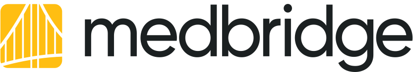 The Medbridge logo shows "medbridge" in black lowercase with a yellow icon featuring white abstract lines.